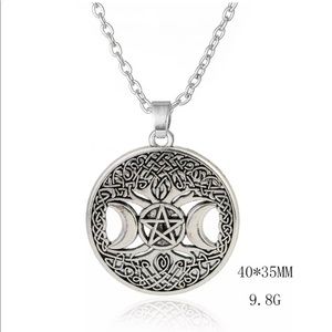Triple Moon Goddess Pentagram Tree Life Necklace